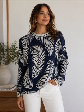 Show Me Your MuMu Navy and White Feather Print Crewneck Sweater